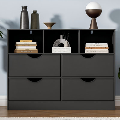 4 Drawers Dresser With Open Cube, Black Chest Of Drawers For Bedroom, Fabric Pu Closet Drawer Dresser Large Organizer, 4 Drawers, Black