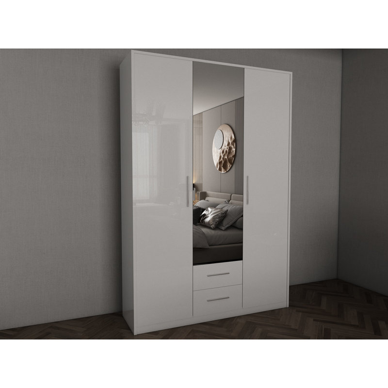 Pamel 3 Door Manufactured Wood Wardrobe, 199 H x 135 W x 58 D cm, Gloss White
