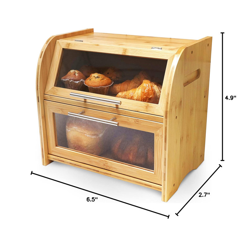 Stylish Bamboo Bread Box For Kitchen Countertop, Extra Large 2-Shelf Wooden Bread Storage Container With Clear Windows And Air Vents Keep Bread, Bagels And Rolls Fresh, Self Assembly