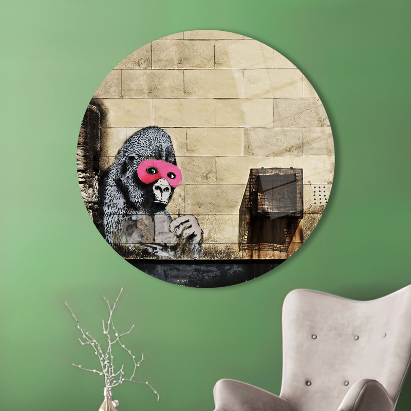 Art mural inspiré du gorille de Banksy en masque rose, imprimé sur verre trempé pour un décor contemporain de maison et de bureau