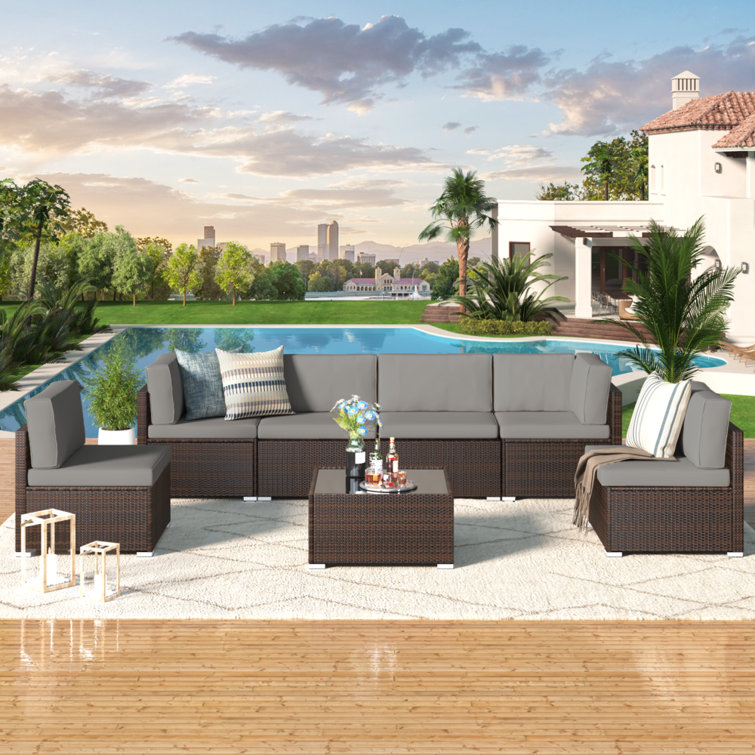 Emilienne Wicker 6 - Person Modular Patio Conversation Sets with Cushions