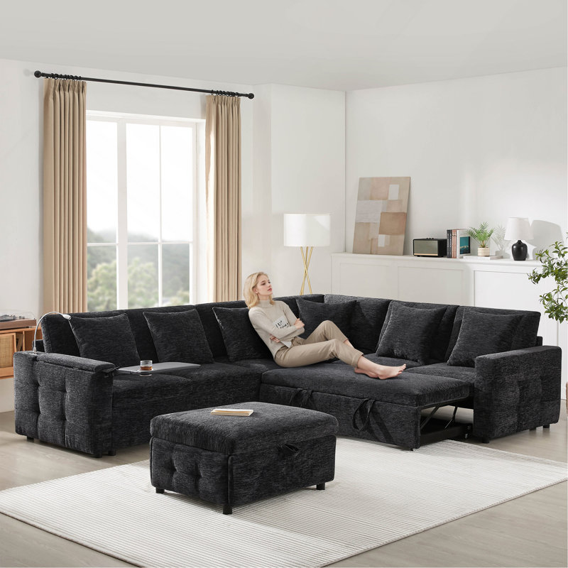 Canapé-lit modulaire à panneau escamotable de 117 po x 90 po avec table rabattable, Noir