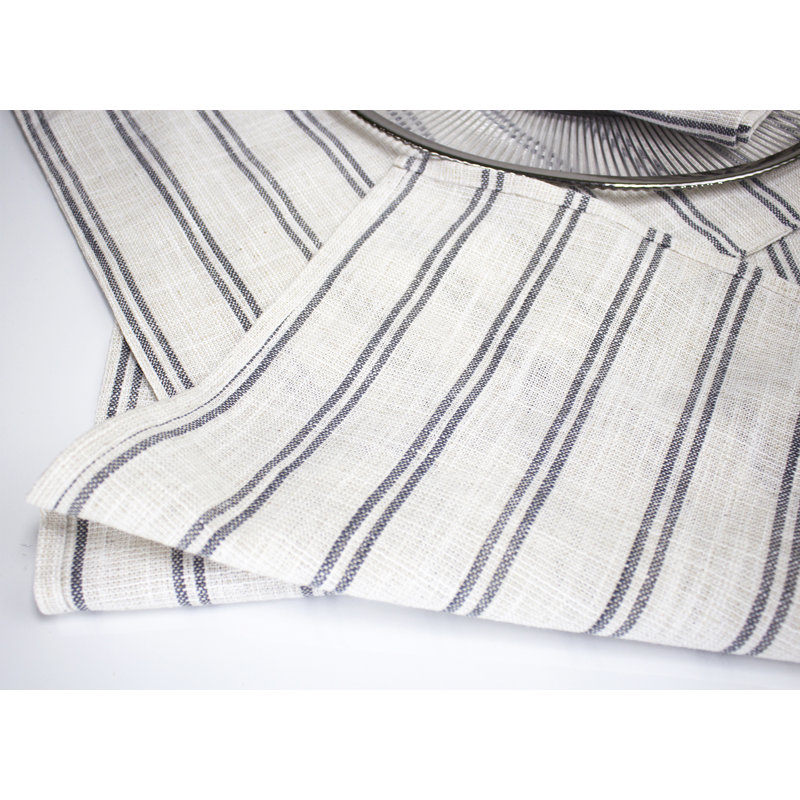 Beige-white Modern Striped Linen Blend Table Runner, 54" x 16", Gray/White