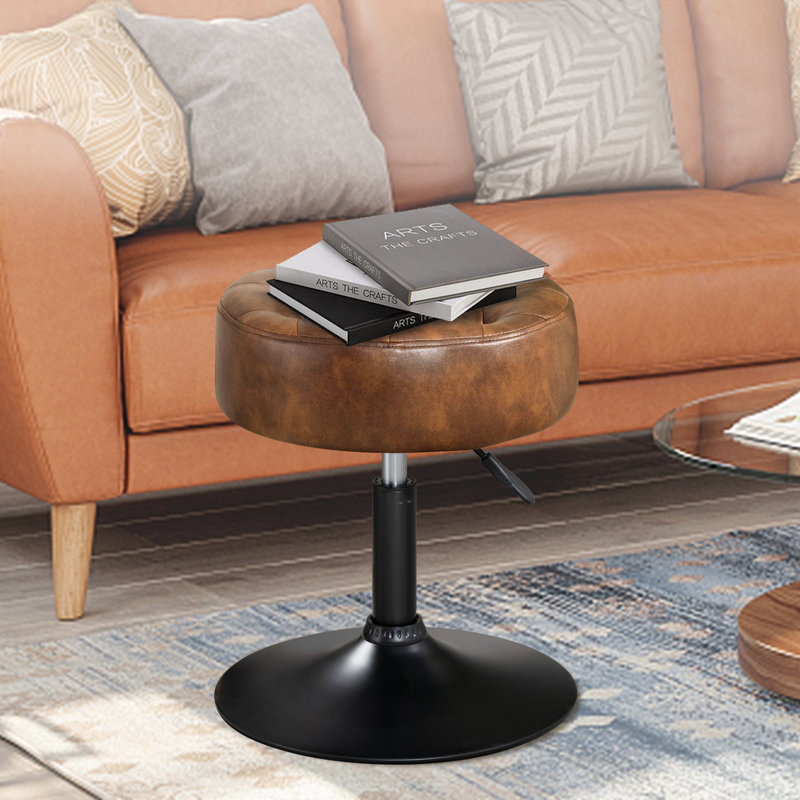 Leather Vanity Stool, Black, Yellownish Brown  Faux Leather