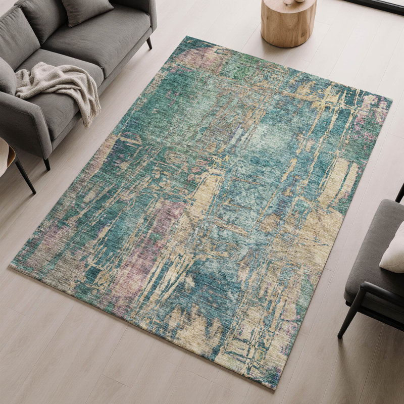Premium Machine Washable Mayfield AMF2236 Abstract Rug, Teal, 2'6" x 3'10"