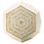 Tabouret hexagonal crème et jaune mesurant 18 po x 18 po x 21 po, avec incrustations, motifs de losanges, combinaison de couleurs de table d'appoint ou utilisée, marques décoratives, fonctionnement