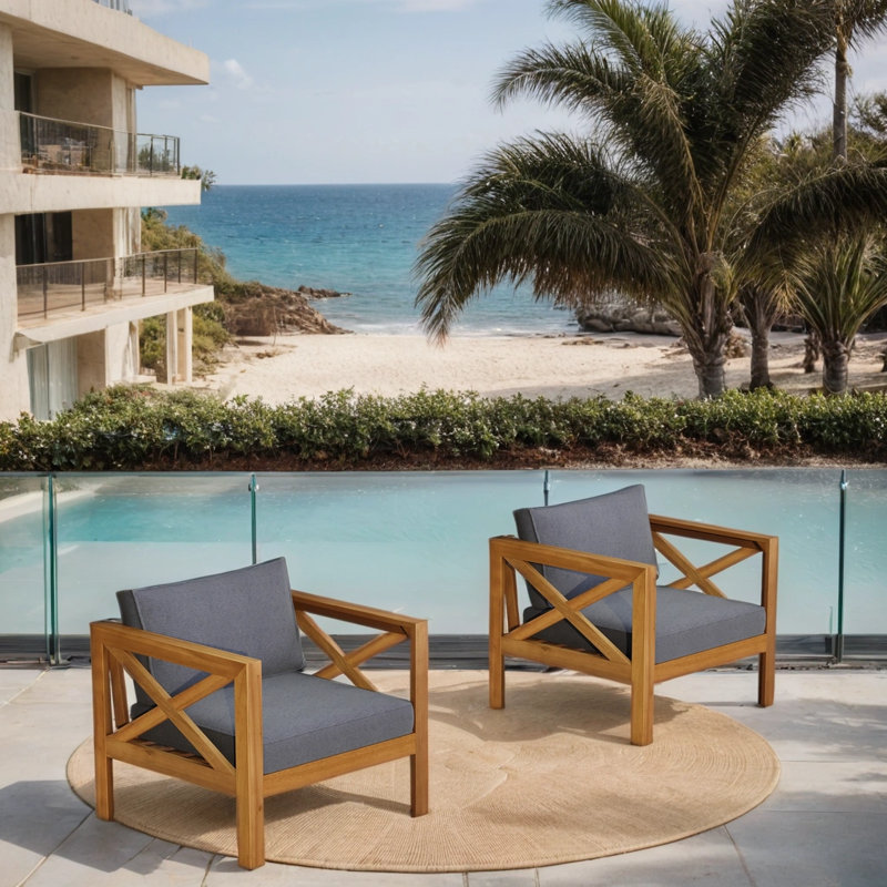 Ensemble de conversation pour l'extérieur - 2 fauteuils en bois d'acacia avec coussins intégrés - Design résistant aux intempéries
