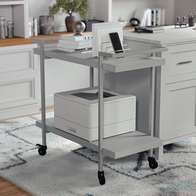 Martha Stewart Liam Mobile 2 Tier Home Office Printer Cart with Side Storage, Nickel, Gray
