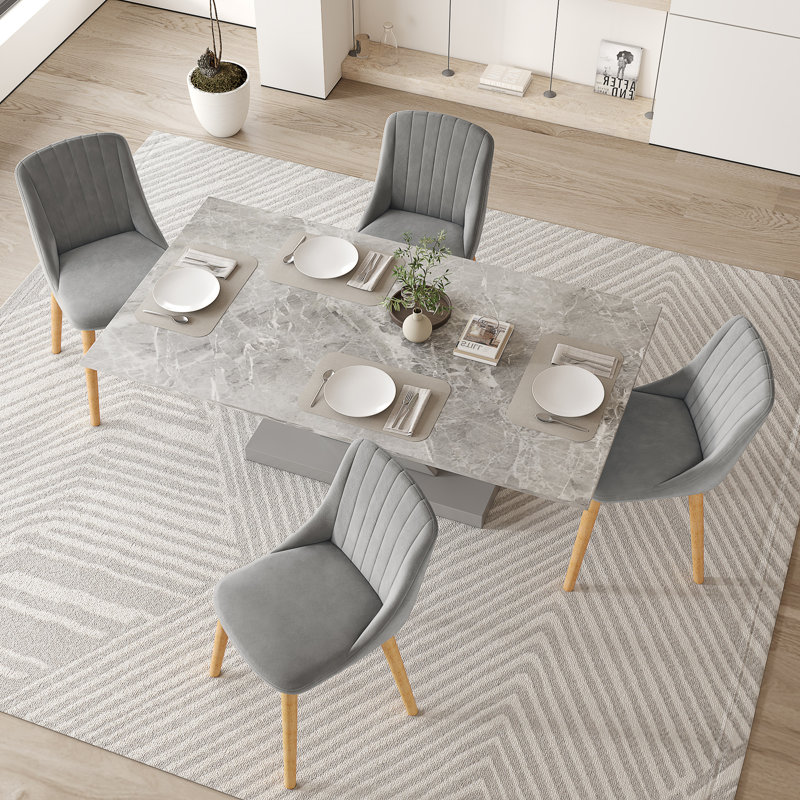 Velvet Dining Chairs With Wooden Legs Set Of 4, 4, Light Grey Velvet/Natural