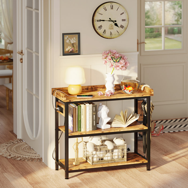 Console Table with Power Outlets, 33" H x 31.5 "W  x 13.8" D, Rustic Brown