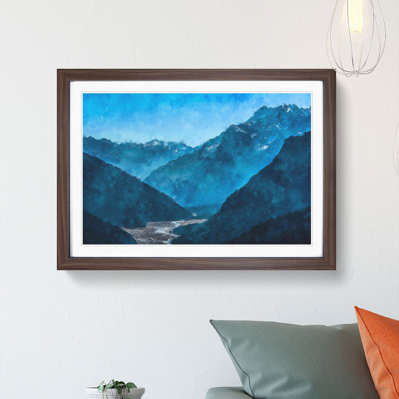 Blue Mountains in Sikkim India - Picture Frame Painting Print, 45cm H x 63cm W x 2cm D, Walnut Framed