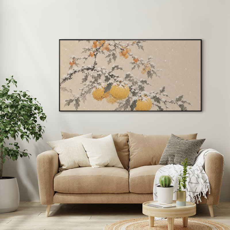 Très grande reproduction d'art sur tissu - Branches d'agrumes enneigées avec fruits jaunes pour le salon ou la chambre à coucher - «Assemblage requis du cadre (cadre non fini)»
