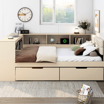 Cream Full Size Wood Platform Bed With Upholstered Headboard, Built - In Storage And Charging Arrangement Support,
