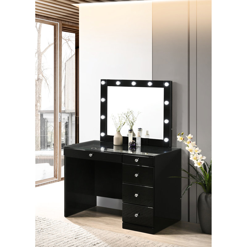 Contemporary Bedroom Makeup Vanity Table With 5 Drawers, Black Glass Top And Finish Style For, Black