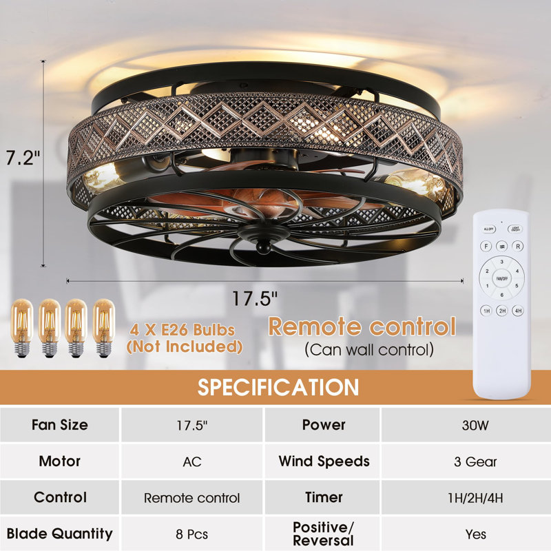17.5" Low Profile Caged Ceiling Fans with Lights and Remote,Flush Mount Ceiling Fan with Light, Bedroom Fan, Small Industrial Black Ceiling Light Fixture, Reversible(Bulbs not Included)