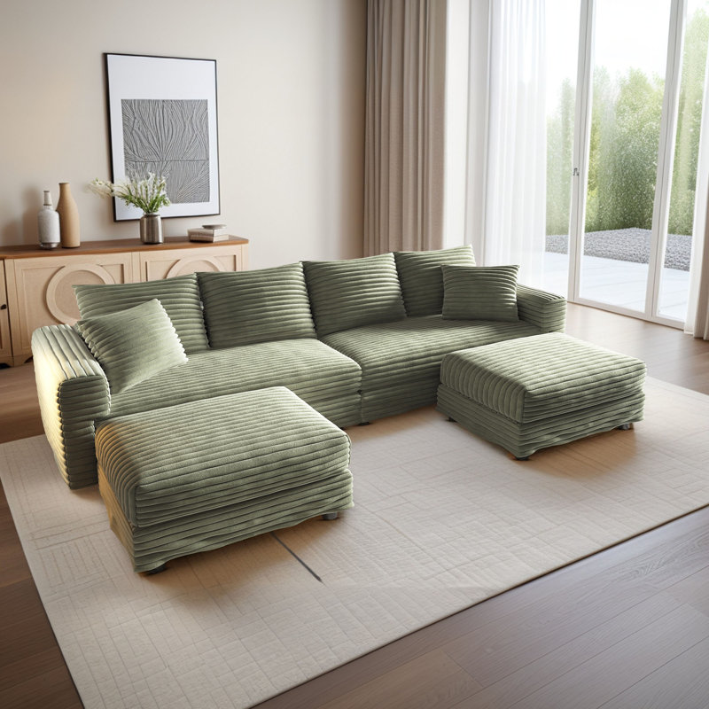 103'' Modular Sectional Sofa With Chaise Conversion And 2 Throw Pillows, Green Corduroy