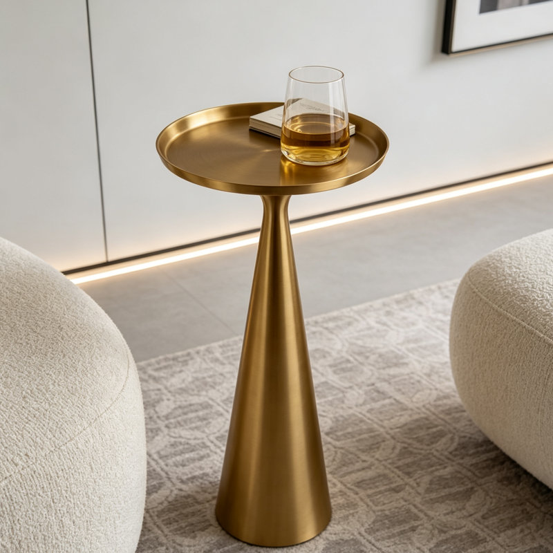 Table à boissons ronde en acier de 24 po de hauteur avec base fuselée, table d'appoint minimaliste moderne pour le salon et la chambre à coucher - Finition dorée