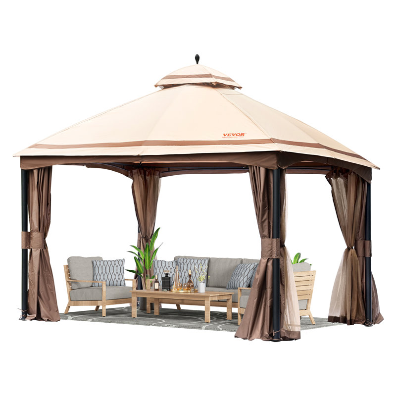 Large Waterproof Beige Steel Patio Gazebo with Mosquito Netting