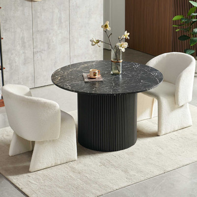 3-Piece Dining Table Set, Wood Top, Faux Fur Armchairs