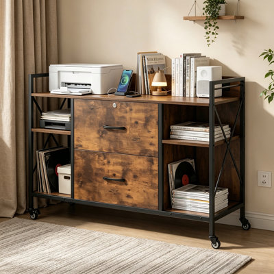 Vintage Rolling File Cabinet with 2 Lockable Drawers, Power Outlets & Adjustable Shelves