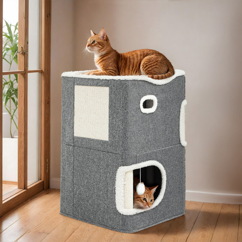 Maison pour chat à plusieurs niveaux avec cachette douillette, patin à griffes et tunnel, Gris