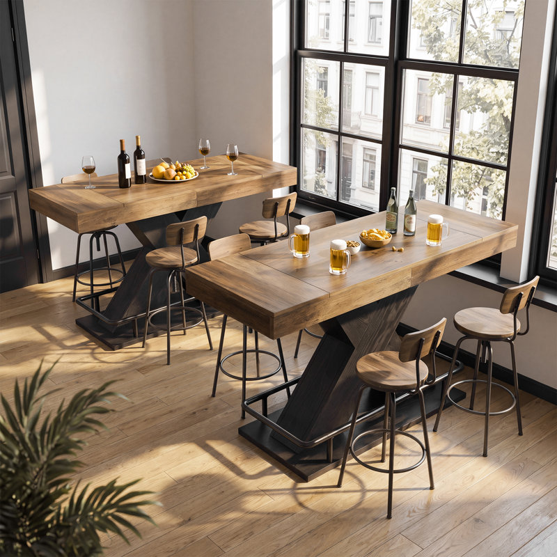 Table de bar rectangulaire de style industriel, hauteur comptoir, avec repose-pieds en métal, idéale pour un bistro à domicile ou une maison.