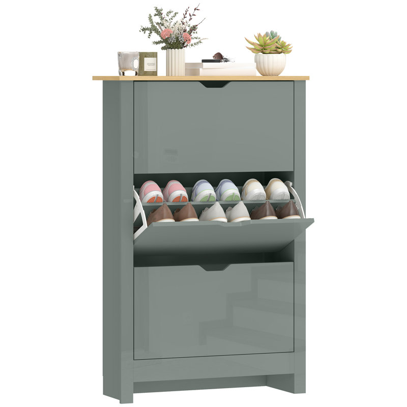 18 Pair Shoe Storage Cabinet, Gray/Natural Wood