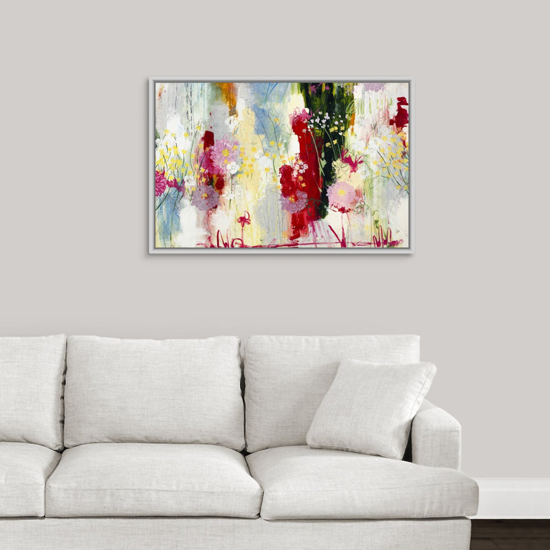 « modern printemps », peinture sur toile, Cadre flottant blanc, H 25,7 po x l 37,7 po x p 1,75 po