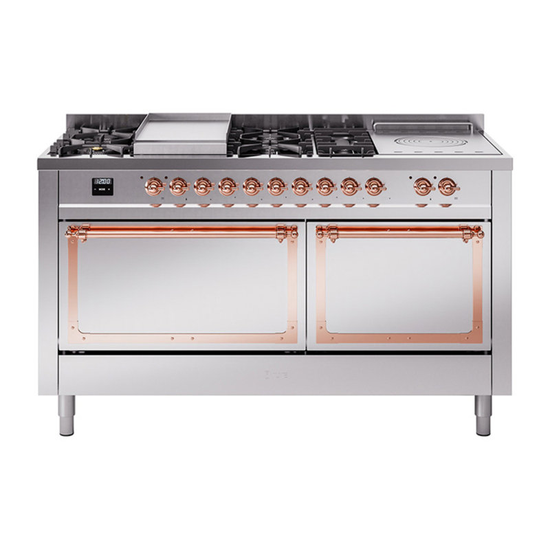 Cuisinière à double combustible ILVE Nostalgie II Series 60 po avec 7 brûleurs scellés, plaque de cuisson et table française (propane liquide, porte pleine)