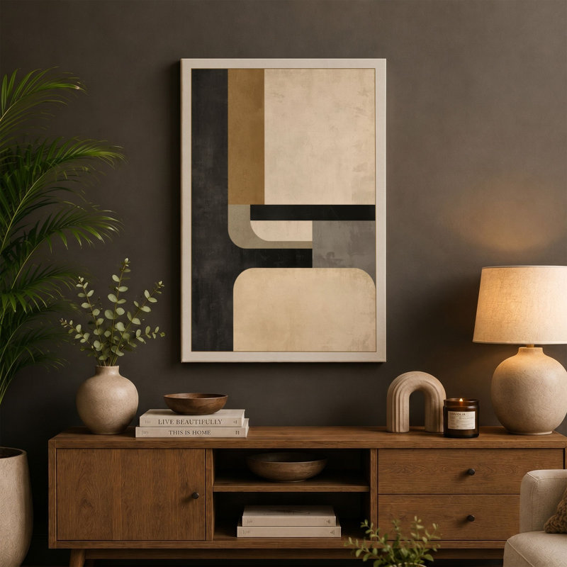 Geometric Balance Mid-Century - Wrapped Canvas, 30x20 - 76.2 x 50.8 cm, Taupe Border