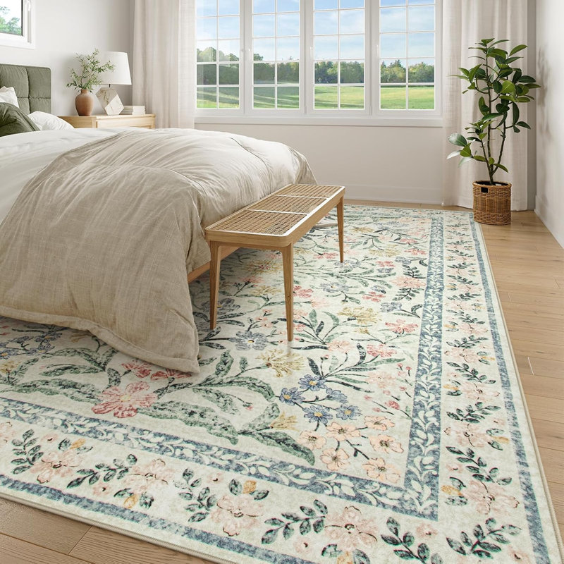 Kaldi Oriental Botanical Floral Machine Washable Area Rug with Non-Slip Backing for Living Room, Dining Room, Bedroom
