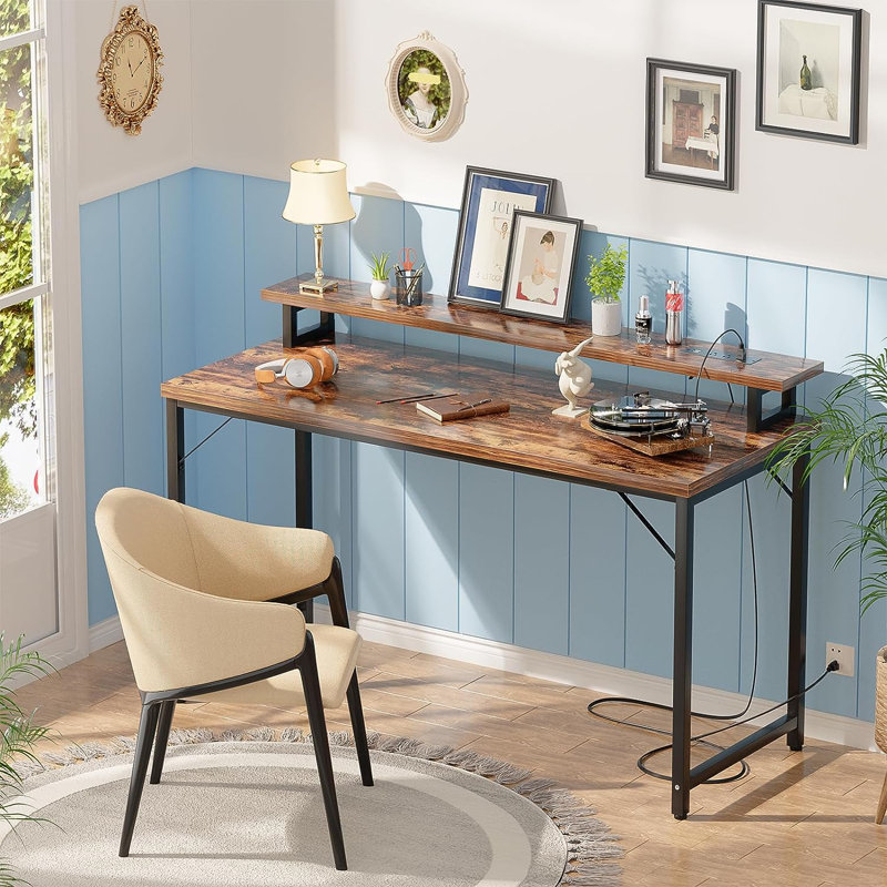 Iancarlo Metal Base Computer Desk with Power Outlet, 33.9" H x 47.3" W x 22.4" D, Rustic Brown/Black