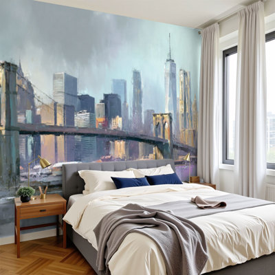 Peel and Stick Wallpaper Hazy Skyline Brooklyn Bridge Motion Wall Murals 100"H x 144"W Removable PVC Wall Paper Self-Adhesive Wall Decor for Bedroom Living Room Home Office