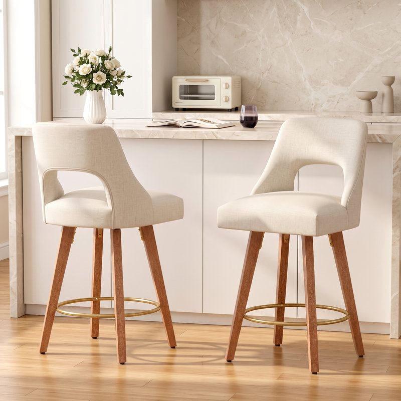 Tabouret de comptoir pivotant rembourré en lin avec structure en bois massif et repose-pieds, Beige