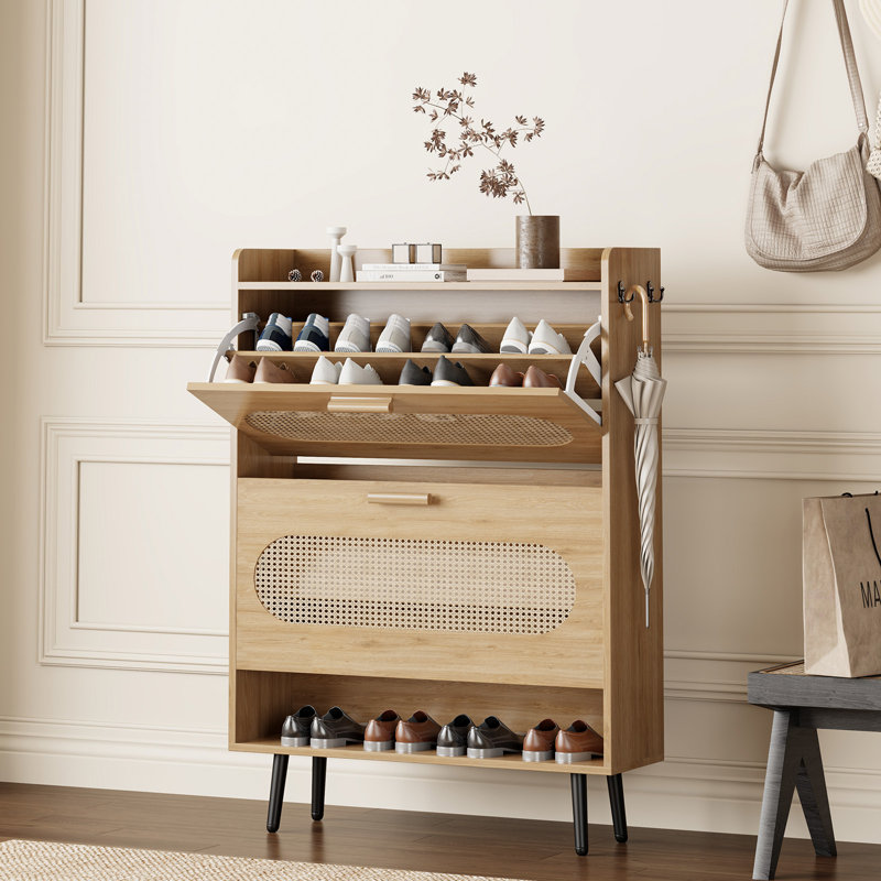 Rattan Shoe Cabinet with 2 Flip Drawers & Bottom Shelf, Freestanding Hidden Shoe Storage Cabinet for Entryway, Narrow Shoe Rack Cabinet for Hallway Foyer