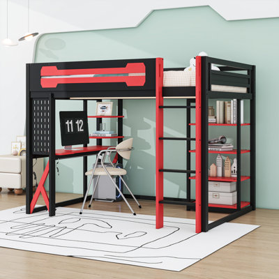 Full Size Wooden Gaming Loft Bed with RGB Lighting and Versatile Study Hub,Desk