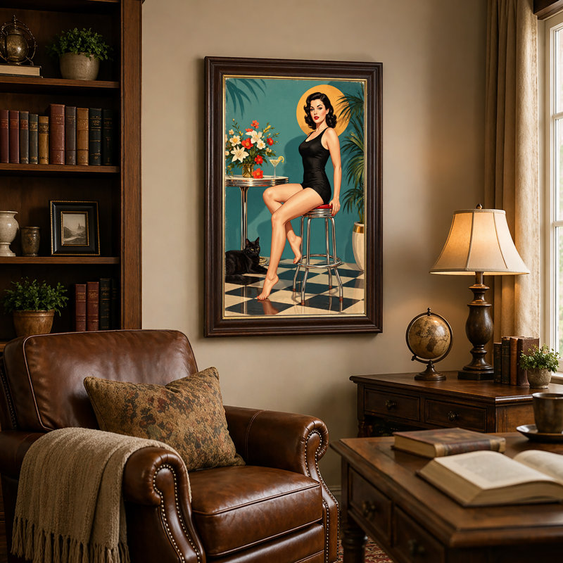 Tableau sur toile représentant une pin-up rétro en maillot de bain noir sur un tabouret chromé, 24"H x 16"W