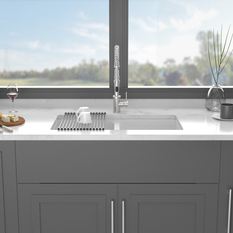 White 33X19" Undermount Double Bowl  50/50  Quartz Kitchen Sink, Thick Composite, Smooth And Easy To Clean, Package With Installation Template Assembly Sink In Granite Quiet, Non - Porous, Rounded
