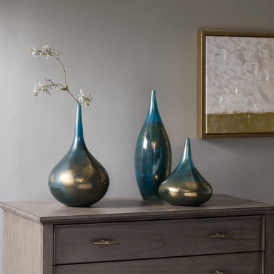 Aurora Blue and Bronze Decorative Glass Vases 3-piece set