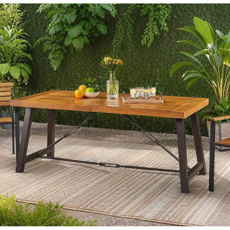Outdoor Acacia Wood Metal Base Dining Table, Teak