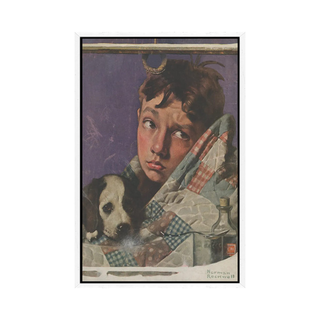 Junge und Hund in Steppdecke von Norman Rockwell - Galerie-verpackte Leinwand Giclée auf Leinwand