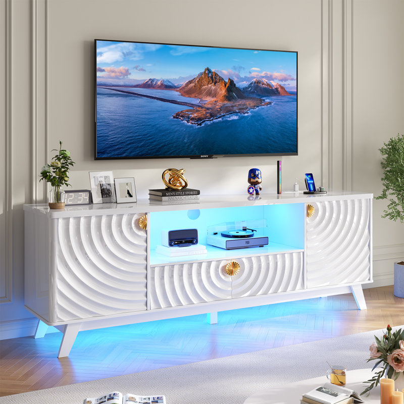 63" W Tv Stand with LED Lights, Charging Station, Storage Cabinets and Open Storage Area, White