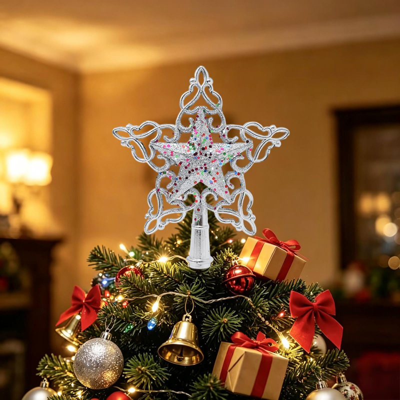 Décoration de Noël en dentelle ajourée, étoile à cinq branches colorée à paillettes, ornement de sapin de Noël exquis, Argent