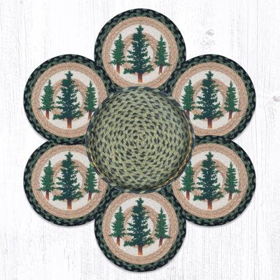  Tall Timbers Trivets in a Basket – Braided Jute 10"x10" Forest Tree Design Hot Pads in Natural Storage Basket