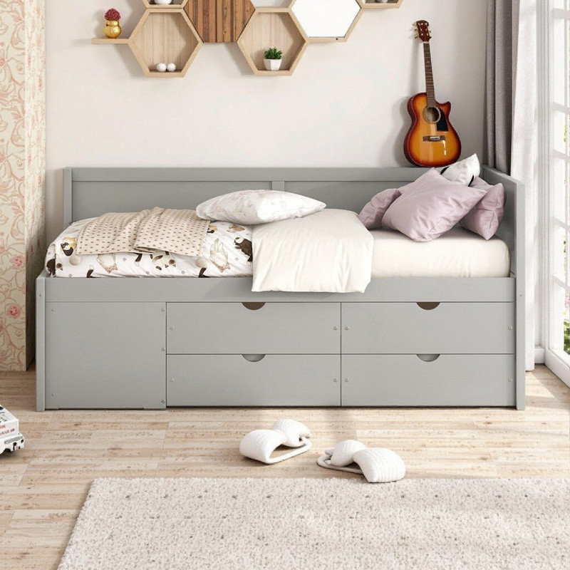 Lit de jour avec rangement en bois massif avec tiroirs et tablettes Dormal, Gris, Lit simple