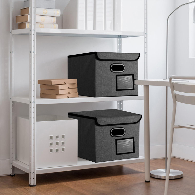 File Organizer Box With Lid, Collapsible File Folder Organizer With Plastic Slide, Hanging File Folder Box For Office Document Storage (2 Pack, Black)