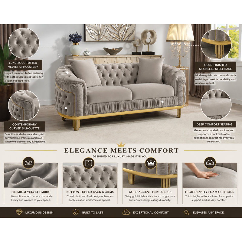 Valorie 72'' Velvet Loveseat, Taupe Velvet