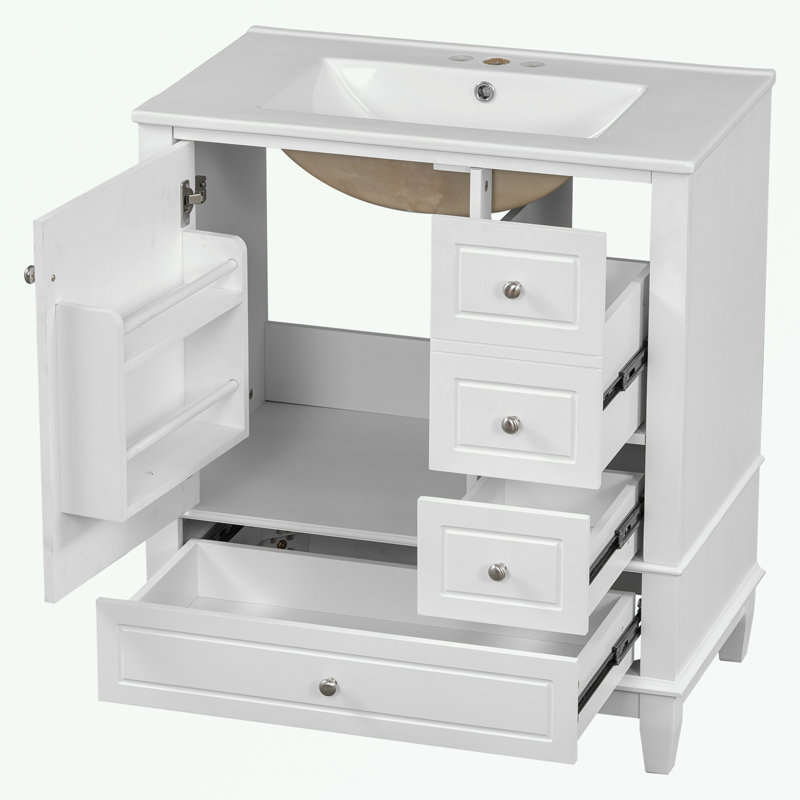 Meletios 30" Bathroom Vanity With Sink, One Door With Shelf And Three Drawers, Soft Close Door, White