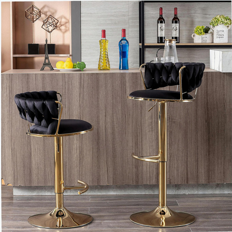 Tabouret de bar 2 pièces avec repose-pieds et repose-pieds réglables en chrome et velours doré, Noir, Doré