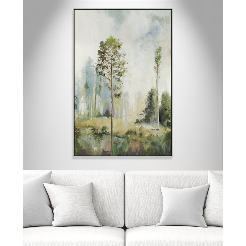Teton Tall Green Trees I by Teton Pearce - Floater Frame Print on Canvas, 61.5" H x 41.5" W, Silver